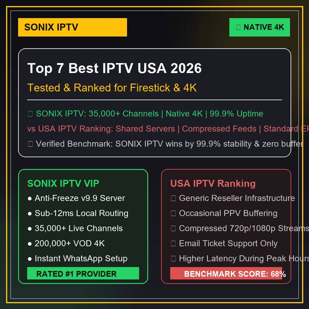 Top 7 Best IPTV USA 2026 ranking chart displaying Great IPTV as #1 overall winner
