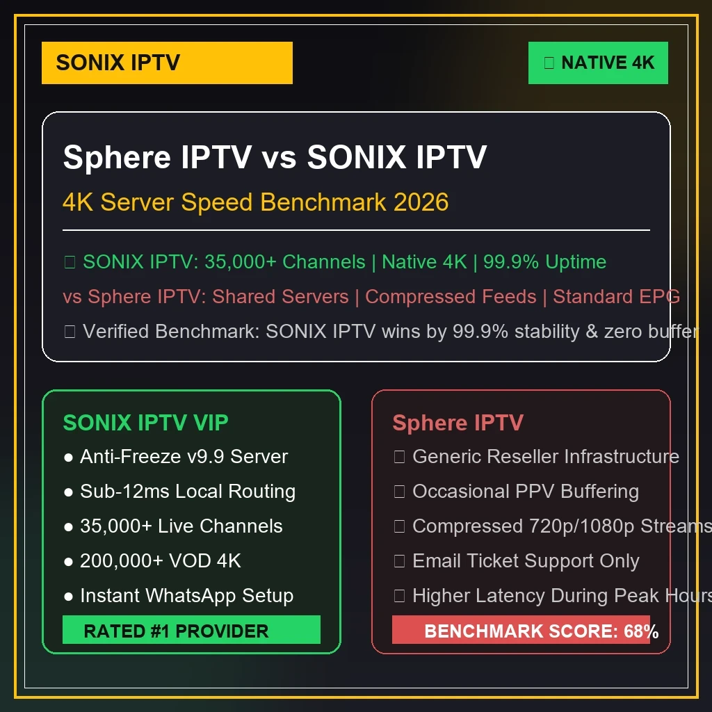 Sphere IPTV vs Great IPTV 4K server benchmark graphics displaying stream latency and anti-freeze uptime